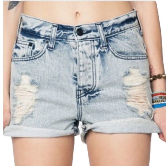 BRANDY MELVILLE denim shorts roll hem distressed high waist acid wash 38/S - Picture 1 of 11